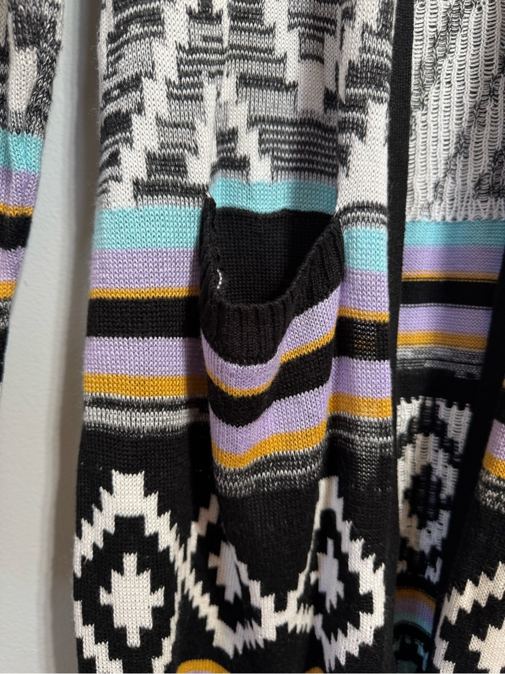 No Boundaries Patterned Open-Front Cardigan Sweater in Black, White & Pastel - Picture 7 of 11